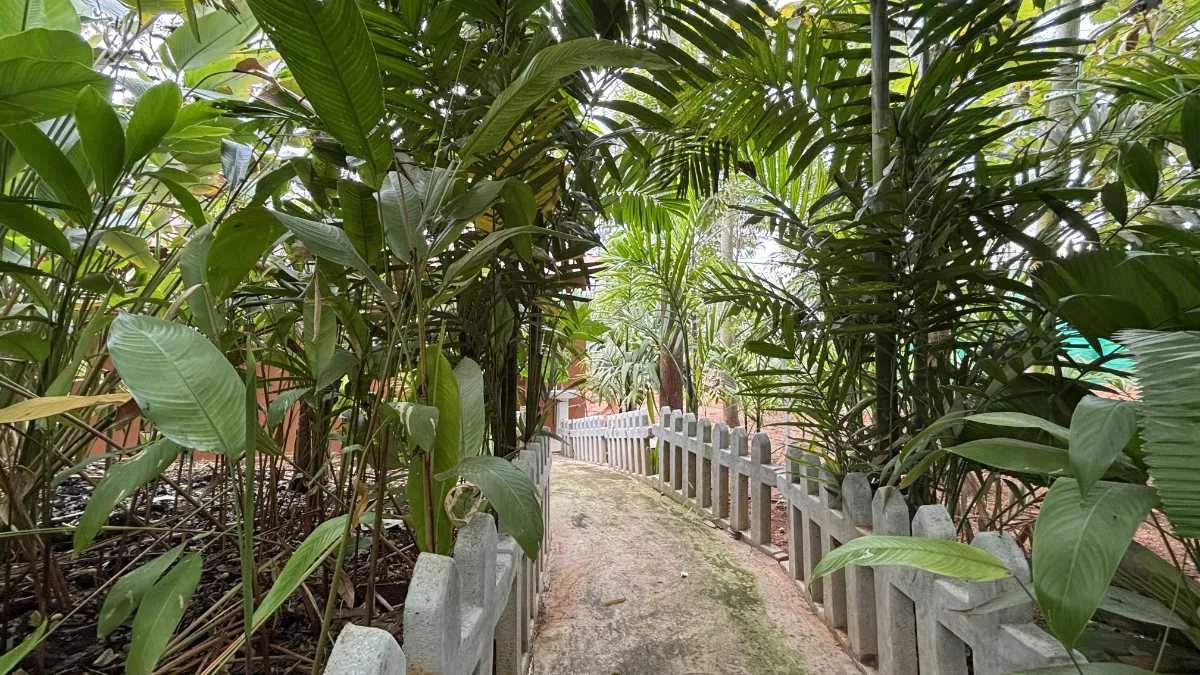 Garden walkway and gazebo washroom at Virama Farm Stay, Magadi Taluk near Bangalore