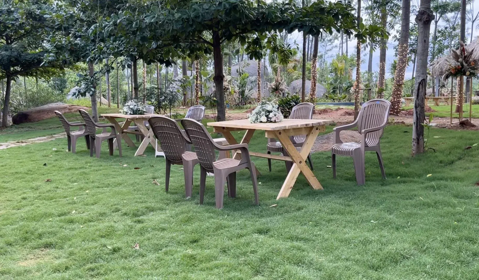 Outdoor event and dining setup at Virama Farm Stay near Bangalore for groups up to 35