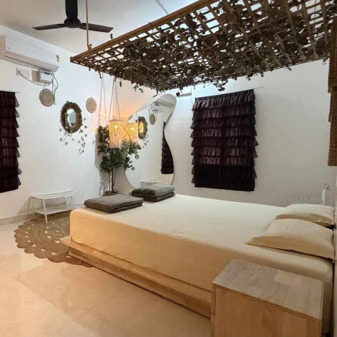 AC king room at Virama Farm Stay near Bangalore — overnight stay before pre-wedding photoshoot